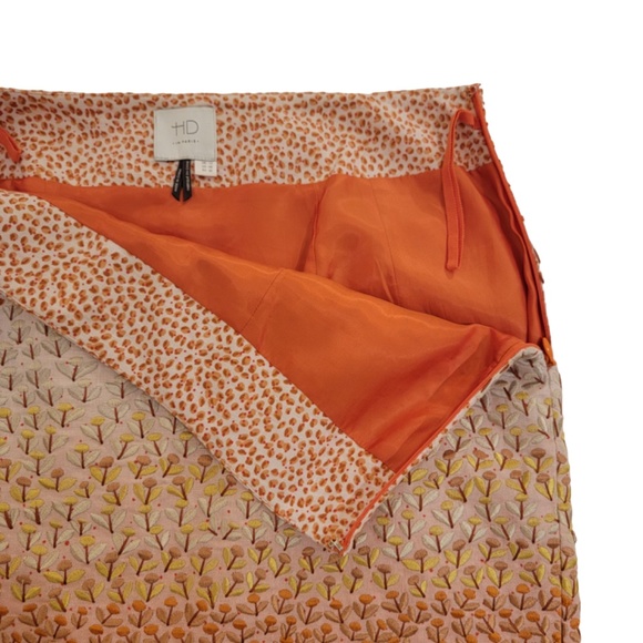 Anthropologie HD in Paris Linen Embroidered Skirt Sz 8 Orange Pink Ombre Floral - Picture 5 of 9